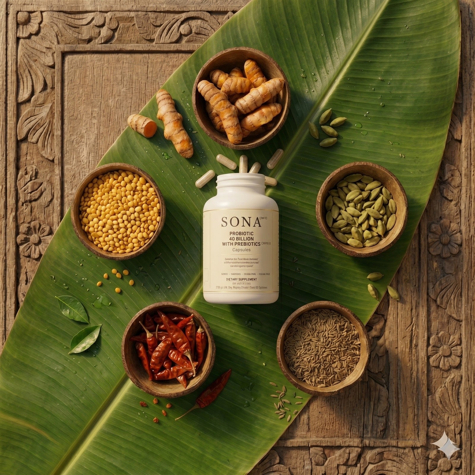 Sona bottle on banana leaf with spices